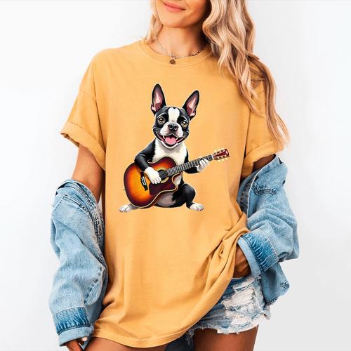 Boston Terrier Playing Guitar Boston Terrier Women's Comfort Colors T-Shirt - Bostonterriersmerch.com