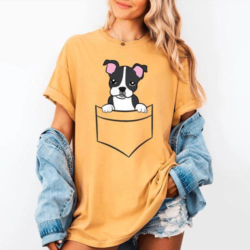 Boston Terrier In The Pocket Cute Pocket Boston Terrier Women's Comfort Colors T-Shirt - Bostonterriersmerch.com