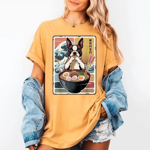 Boston Terrier Ramen Noodles Japanese Art Retro Ocean Waves Women's Comfort Colors T-Shirt - Bostonterriersmerch.com