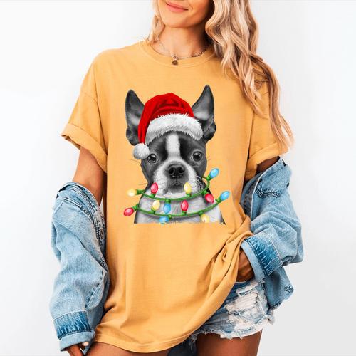 Boston Terrier Santa Christmas Tree Lights Xmas Boys Men Dog Women's Comfort Colors T-Shirt - Bostonterriersmerch.com