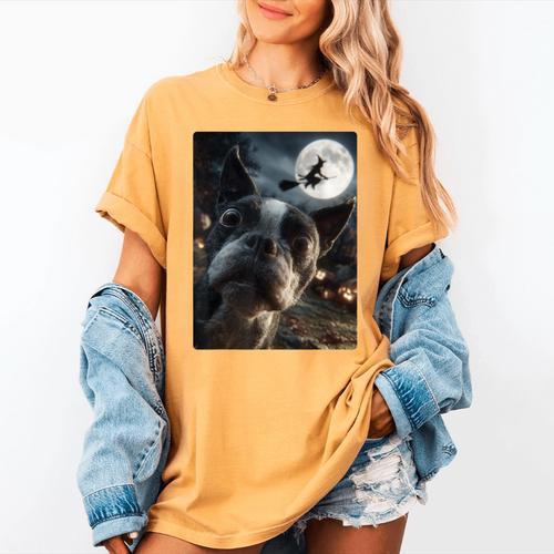 Boston Terrier Selfie Full Moon Flying Witch Halloween Dog Women's Comfort Colors T-Shirt - Bostonterriersmerch.com