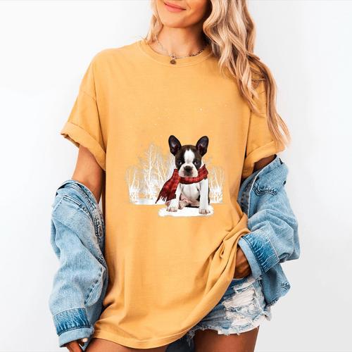 Boston Terrier In The Snow Merry Christmas Winter Women's Comfort Colors T-Shirt - Bostonterriersmerch.com AU