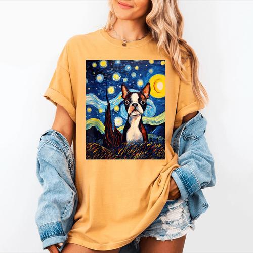 Boston Terrier Starry Night Van Gogh Art Women's Comfort Colors T-Shirt - Bostonterriersmerch.com