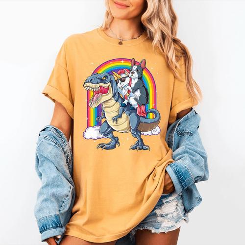 Boston Terrier Unicorn Riding Dinosaur T-Rex Girls Rainbow Women's Comfort Colors T-Shirt - Bostonterriersmerch.com