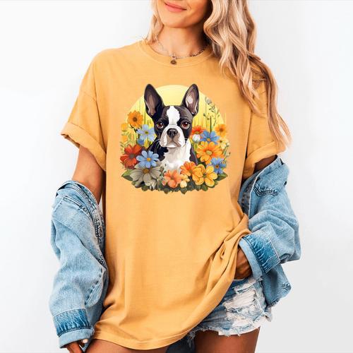Cute Boston Terrier Spring Flower Garden Colorful Puppy Dog Women's Comfort Colors T-Shirt - Bostonterriersmerch.com