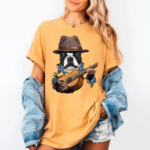 Guitar Shirt Boston Terrier Dog Playing Acoustic Guitar Women's Comfort Colors T-Shirt - Bostonterriersmerch.com