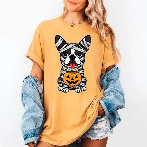 Halloween Dog Boston Terrier Mummy Costume Men Women Kids Women's Comfort Colors T-Shirt - Bostonterriersmerch.com