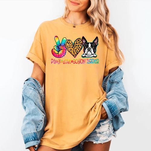 Peace Love Boston Terrier Tie Dye Dog Lover For Men Women Girls Kids Women's Comfort Colors T-Shirt - Bostonterriersmerch.com