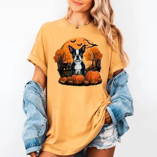 Pumpkin Boston Terrier Costume On Boston Terrier Halloween Women's Comfort Colors T-Shirt - Bostonterriersmerch.com AU