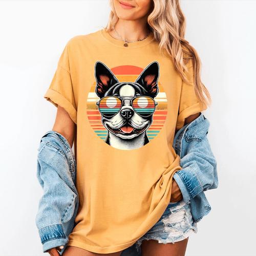 Retro Sunset Sunglasses Boston Terrier Boston Bull Bostie Women's Comfort Colors T-Shirt - Bostonterriersmerch.com