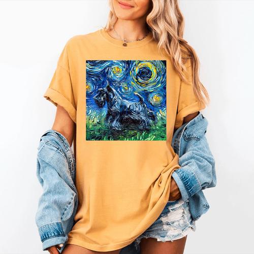 Scottish Terrier Starry Night Scotty Dog Art By Aja Women's Comfort Colors T-Shirt - Bostonterriersmerch.com CA