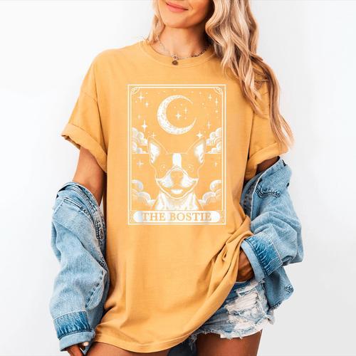 Tarot Card Vintage Crescent Moon Boston Terrier Dog Mom Women's Comfort Colors T-Shirt - Bostonterriersmerch.com