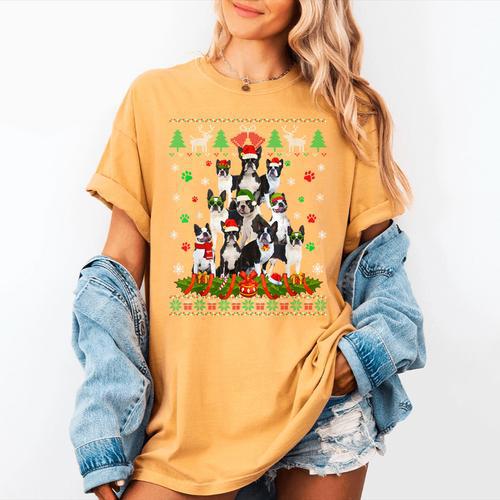Ugly Sweater Christmas Tree Boston Terrier Dog Xmas Pajama Women's Comfort Colors T-Shirt - Bostonterriersmerch.com