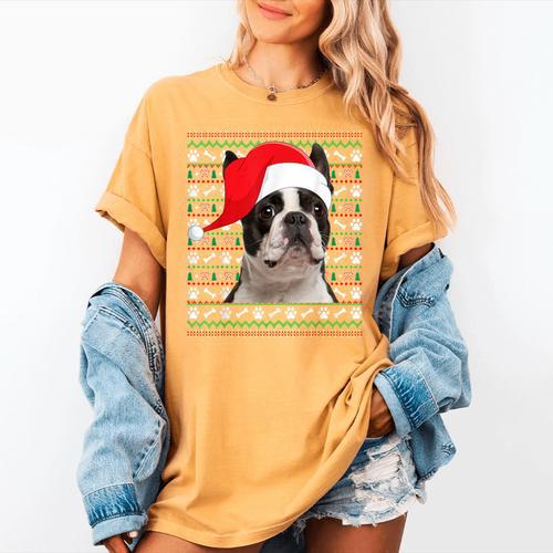 Ugly Xmas Sweater Santa Boston Terrier Dog Christmas For Men Women Kids Women's Comfort Colors T-Shirt - Bostonterriersmerch.com