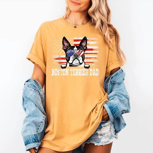 Vintage Boston Terrier Dad American Flag Father's Day Women's Comfort Colors T-Shirt - Bostonterriersmerch.com