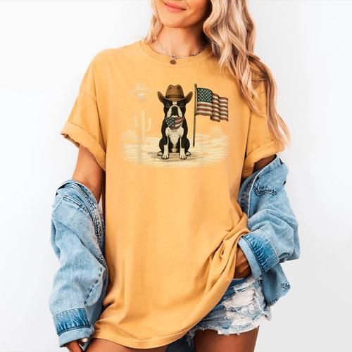 Boston Terrier 4th Of July US American Flag Dog Patriotic Women's Comfort Colors T-Shirt - Bostonterriersmerch.com