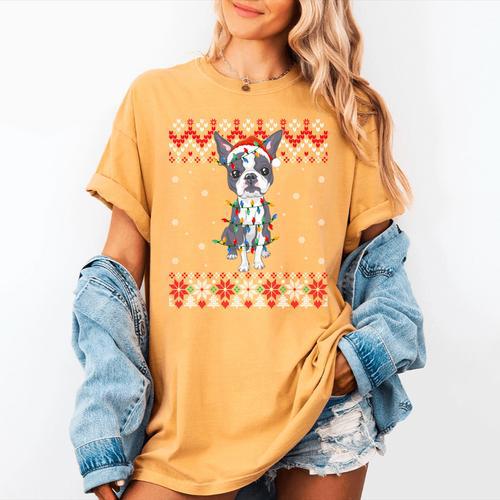 Boston Terrier Dog Santa Hat Men Kids Ugly Christmas Light Women's Comfort Colors T-Shirt - Bostonterriersmerch.com