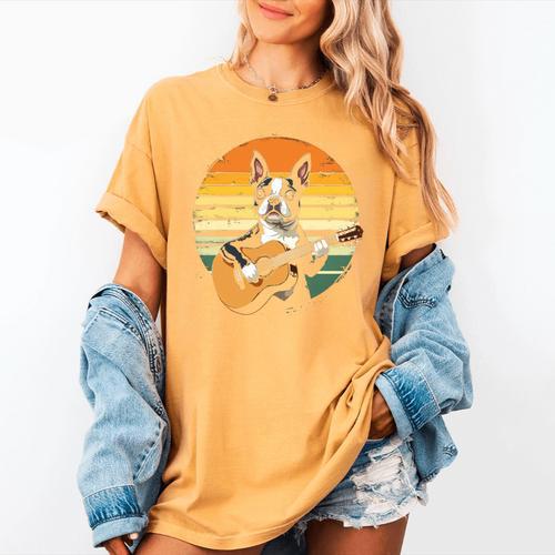 Boston Terrier Guitar Retro Women's Comfort Colors T-Shirt - Bostonterriersmerch.com