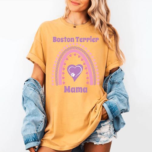 Boston Terrier Mama Cute Rainbow Paw Heart Shape Women's Comfort Colors T-Shirt - Bostonterriersmerch.com