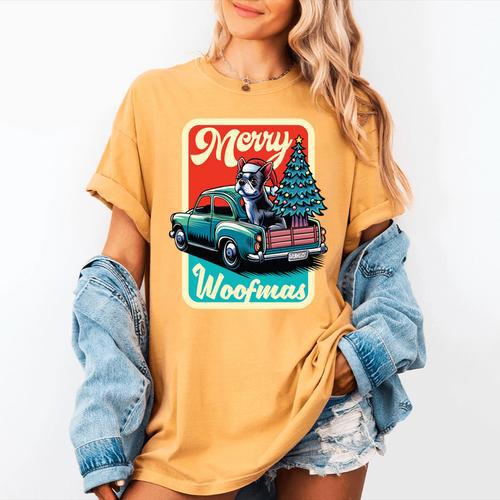 Boston Terrier Merry Christmas Tree Truck Santa Dog X-Mas Women's Comfort Colors T-Shirt - Bostonterriersmerch.com