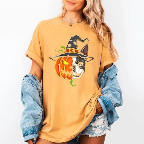Boston Terrier Pumpkin Jack O Lantern Halloween Women's Comfort Colors T-Shirt - Bostonterriersmerch.com