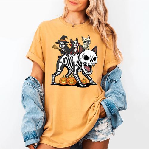 Boston Terrier Skeleton Mummy Witch Halloween Women's Comfort Colors T-Shirt - Bostonterriersmerch.com