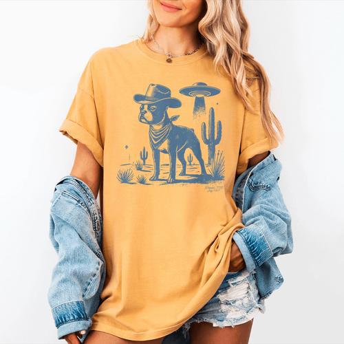 Boston Terrier UFO Cowboy Dog Dog Mom Dog Dad Alien Dog Women's Comfort Colors T-Shirt - Bostonterriersmerch.com