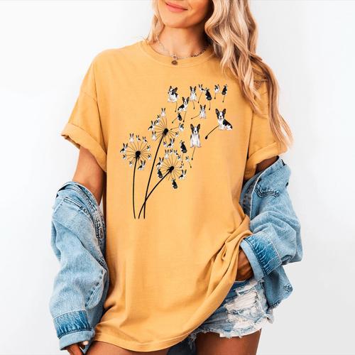Dandelion Boston Terrier Flower Floral Bostie Tree Women's Comfort Colors T-Shirt - Bostonterriersmerch.com
