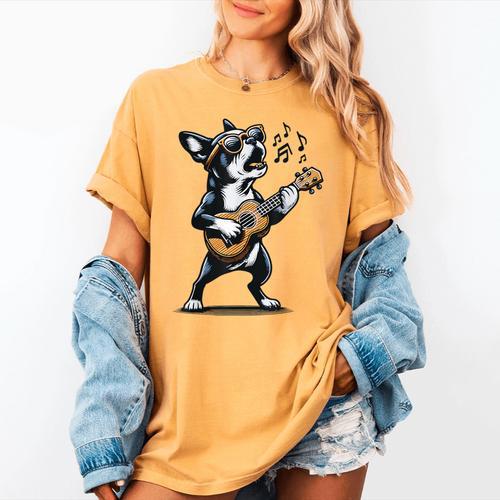 Dog Playing Guitar Singing Boston Terrier For Men Women Girls Kids Women's Comfort Colors T-Shirt - Bostonterriersmerch.com