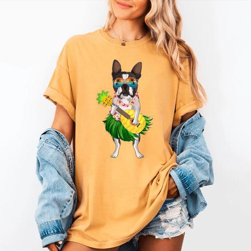 Hawaiian Boston Terrier Dog Pineapple Ukulele Summer For Men Women Girls Kids Women's Comfort Colors T-Shirt - Bostonterriersmerch.com
