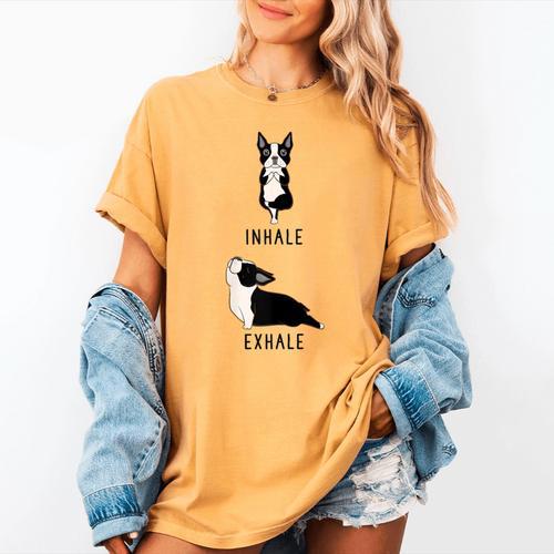 Inhale Exhale Yoga Boston Terrier Tshirt Women's Comfort Colors T-Shirt - Bostonterriersmerch.com