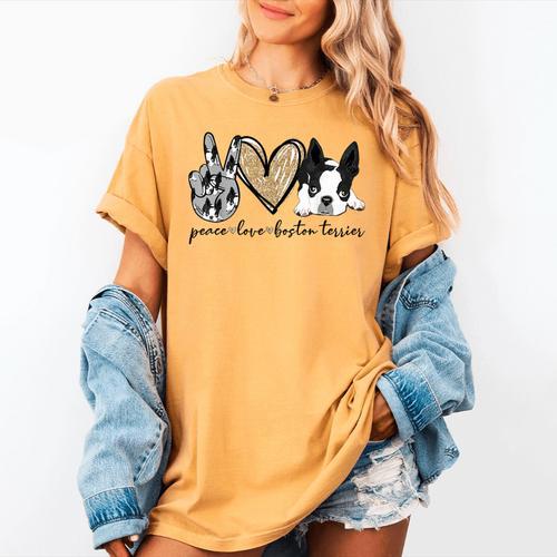 Peace Love Boston Terrier Boston Terrier Lover Dog Mom Women's Comfort Colors T-Shirt - Bostonterriersmerch.com