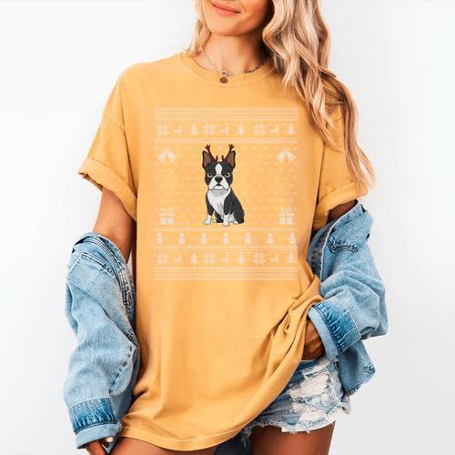 Ugly Xmas Sweater Style Boston Terrier Reindeer Christmas Women's Comfort Colors T-Shirt - Bostonterriersmerch.com