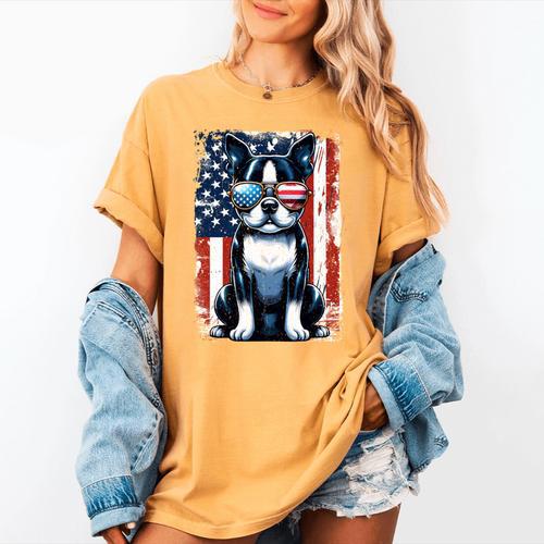 Vintage Boston Terrier Dog American USA US Flag Pets Lovers Women's Comfort Colors T-Shirt - Bostonterriersmerch.com