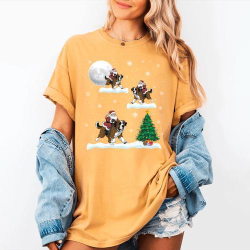Xmas Lighting Tree Santa Riding Boston Terrier Christmas Women's Comfort Colors T-Shirt - Bostonterriersmerch.com