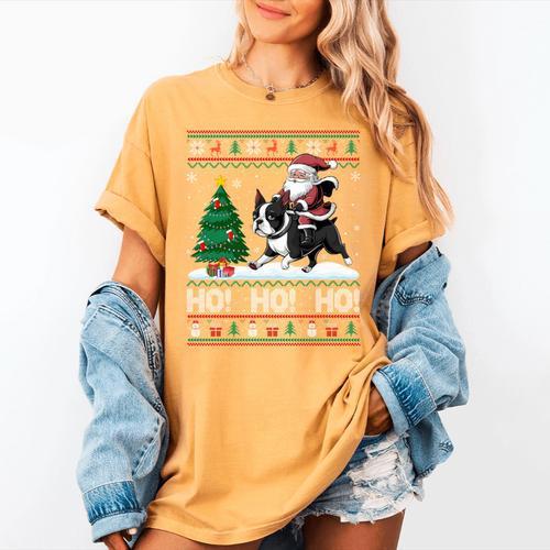Xmas Tree Lighting Santa Riding Boston Terrier Christmas Women's Comfort Colors T-Shirt - Bostonterriersmerch.com