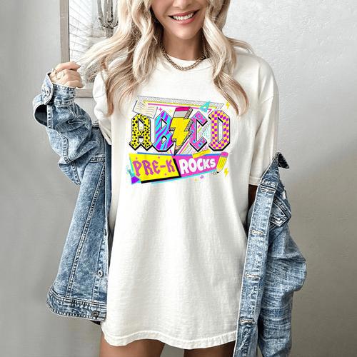 ABCD Pre-K Rocks Back To School PreK Kindergarten Teacher Women's Comfort Colors T-Shirt - teacherstshirts.com UK