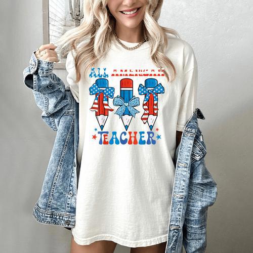 All American Teacher Pencil Coquette Bow USA Flag Teachers Women's Comfort Colors T-Shirt - teacherstshirts.com UK