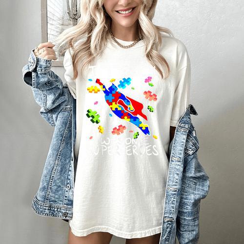 Autism Awareness Teacher I Teach Awesome Superheroes Women's Comfort Colors T-Shirt - teacherstshirts.com CA