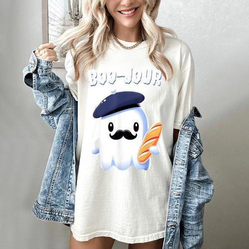 Boo Jour Ghost French Teacher Vintage Teacherlife Groovy Women's Comfort Colors T-Shirt - teacherstshirts.com CA