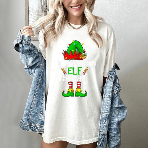 Christmas Kindergarten Elf Squad Teacher Student Women's Comfort Colors T-Shirt - teacherstshirts.com CA