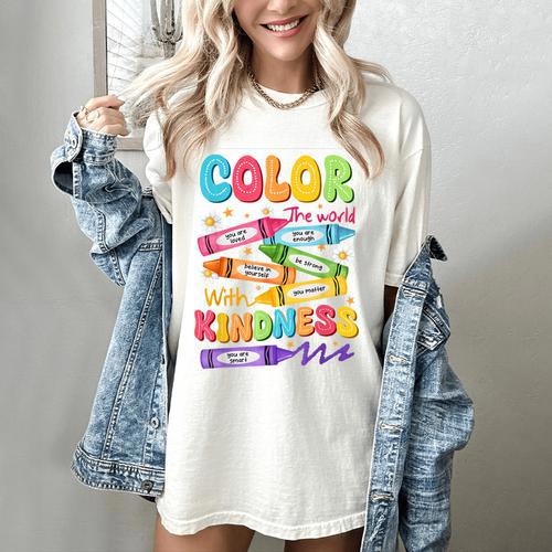 Color The World With Kindness Teachers Back To School Women's Comfort Colors T-Shirt - teacherstshirts.com AU