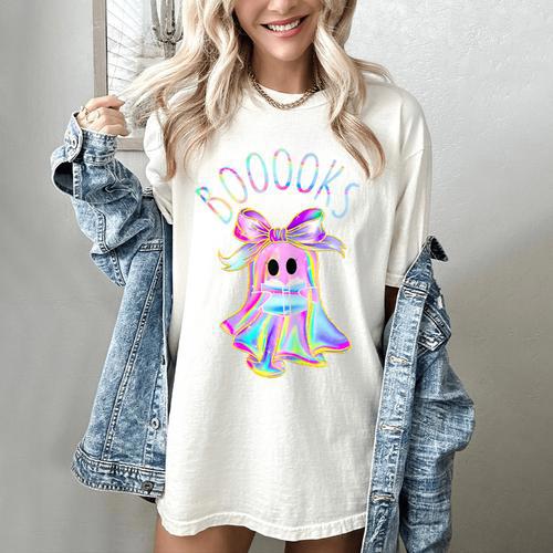 Cute Ghost Book Reading Halloween Teacher Top Girls Women Women's Comfort Colors T-Shirt - teacherstshirts.com