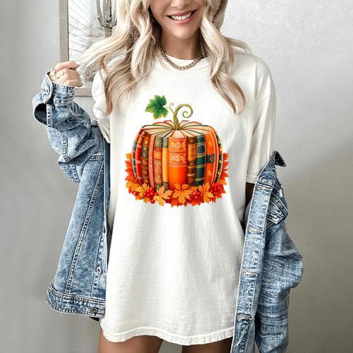Fall Book Autumn Reading Teacher Halloween Pumpkin Season Women's Comfort Colors T-Shirt - teacherstshirts.com