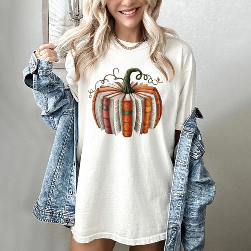 Fall Book Pumpkin Retro Reading Halloween Teacher Librarian Women's Comfort Colors T-Shirt - teacherstshirts.com AU