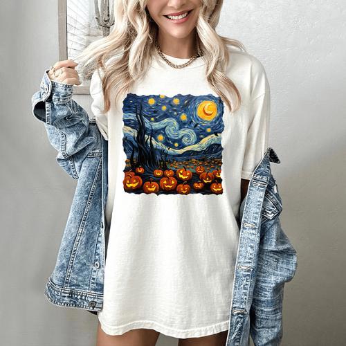 Halloween Pumpkin Starry Night Van Gogh Art Teacher Women's Comfort Colors T-Shirt - teacherstshirts.com DE