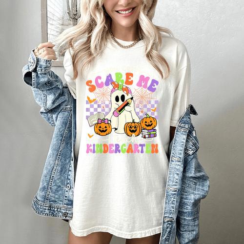 Halloween Teacher You Can't Scare Me I Teach Kindergarten Women's Comfort Colors T-Shirt - teacherstshirts.com