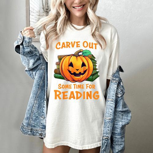 Halloween Teacher Librarian Pumpkin Reading Books Men Women Kids Women's Comfort Colors T-Shirt - teacherstshirts.com AU