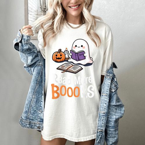 Halloween Teacher Women Cute Reading Ghost Read More Books Women's Comfort Colors T-Shirt - teacherstshirts.com AU
