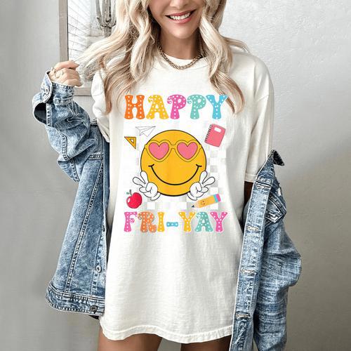 Happy Fri-Yay Groovy Teacher Friday Weekend Fri Yay Women's Comfort Colors T-Shirt - teacherstshirts.com DE